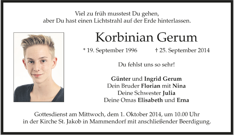  Traueranzeige für Korbinian Gerum - Spross - vom 29.09.2014 aus Münchener Merkur